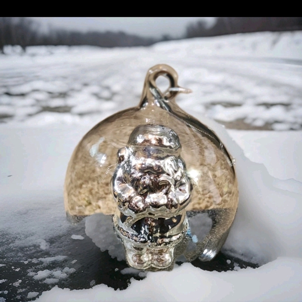 Hand Blown Clear Glass Silver Santa Christmas Ornament